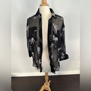 The Kooples Panther Women's Blouse Black Burnout Chiffon Long Sleeve Top Size 1